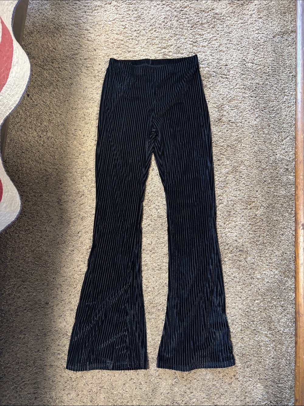 Black Velvet Ribbed Flared Pants